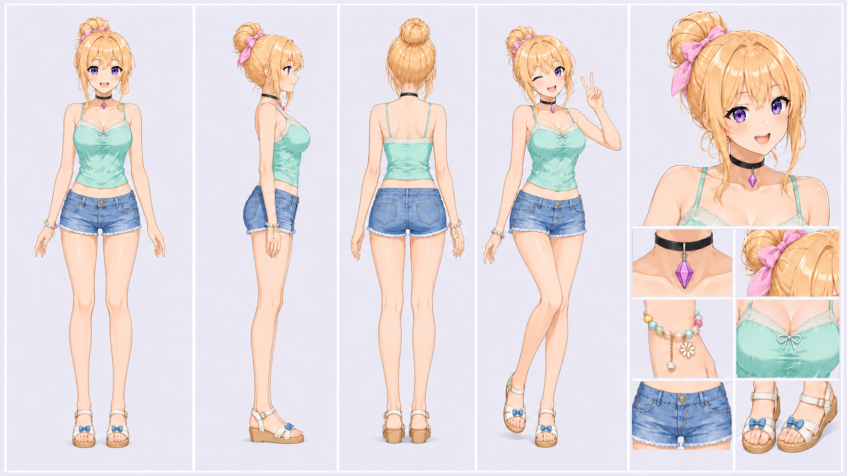 Original Linnea character sheet with front, side and back views